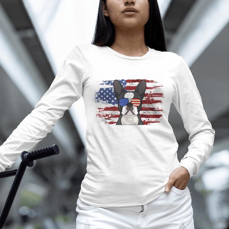 Boston Terrier Dad American Flag 4th Of July Dog Fathers Day Unisex Long Sleeve T-Shirt, novelty gifts, funny gifts