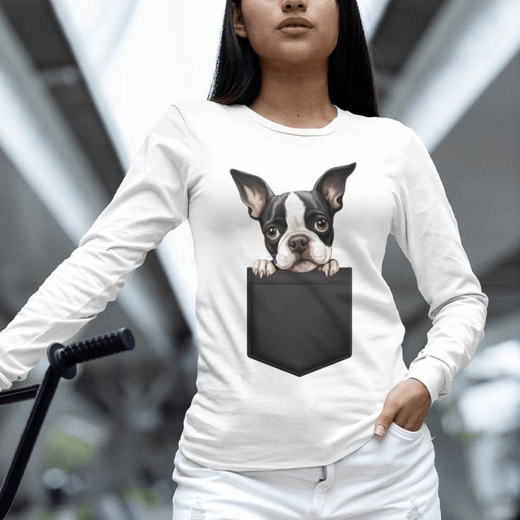 Boston Terrier Dog Puppy Dog In Pocket Cute Pet Lover Unisex Long Sleeve T-Shirt, novelty gifts, funny gifts