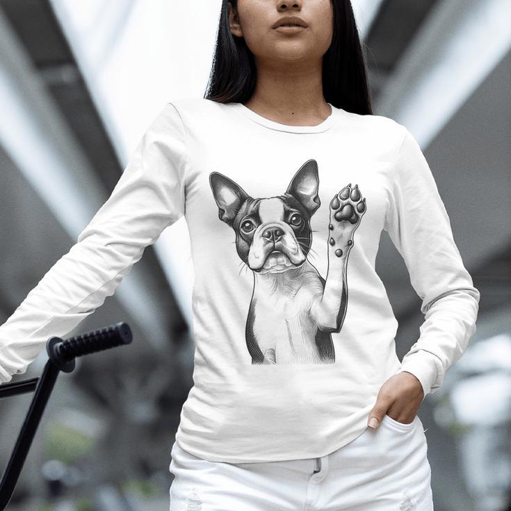 Boston Terrier Dog Raising Paw Idea Men Women Unisex Long Sleeve T-Shirt, novelty gifts, funny gifts