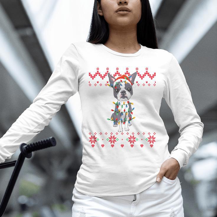 Boston Terrier Dog Santa Hat Men Kids Ugly Christmas Light Unisex Long Sleeve T-Shirt, novelty gifts, funny gifts