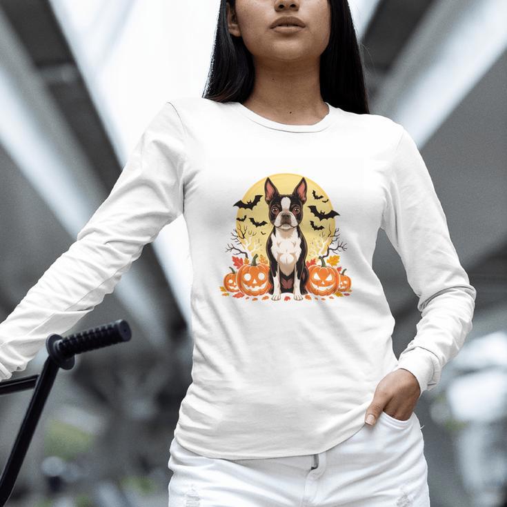 Boston Terrier Halloween Dog Lover Pumpkin Costume Unisex Long Sleeve T-Shirt, novelty gifts, funny gifts