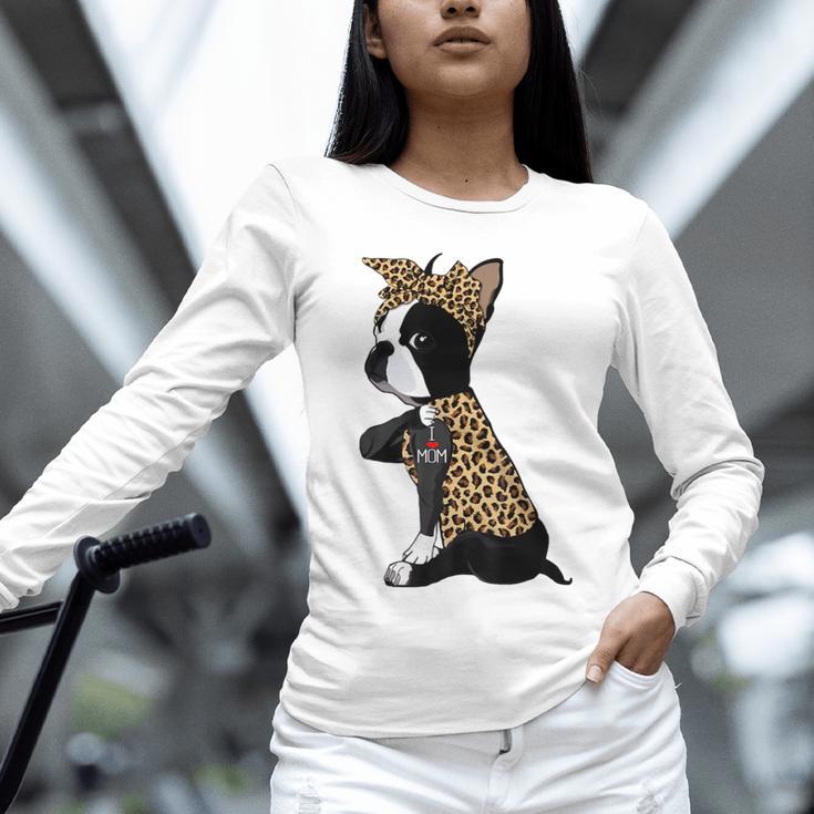 Boston Terrier Lover I Love Mom Tattoo Leopard Unisex Long Sleeve T-Shirt, novelty gifts, funny gifts