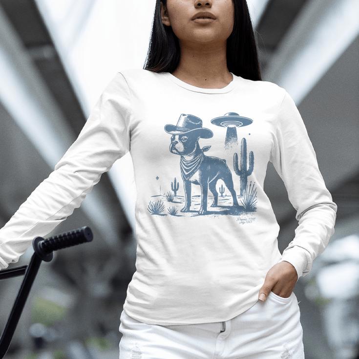 Boston Terrier UFO Cowboy Dog Dog Mom Dog Dad Alien Dog Unisex Long Sleeve T-Shirt, novelty gifts, funny gifts