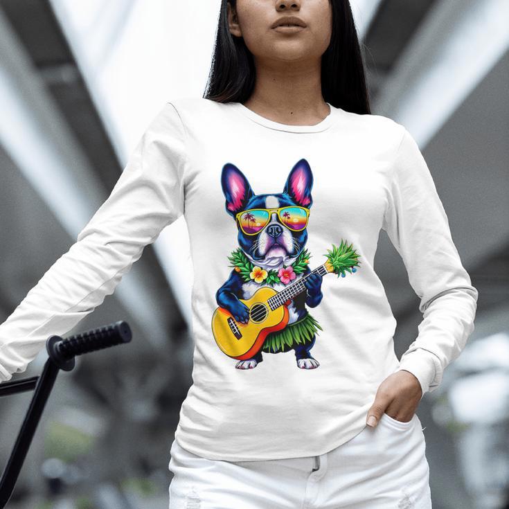 Hawaiian Boston Terrier & Pineapple Ukulele Summer Vacation Unisex Long Sleeve T-Shirt, novelty gifts, funny gifts