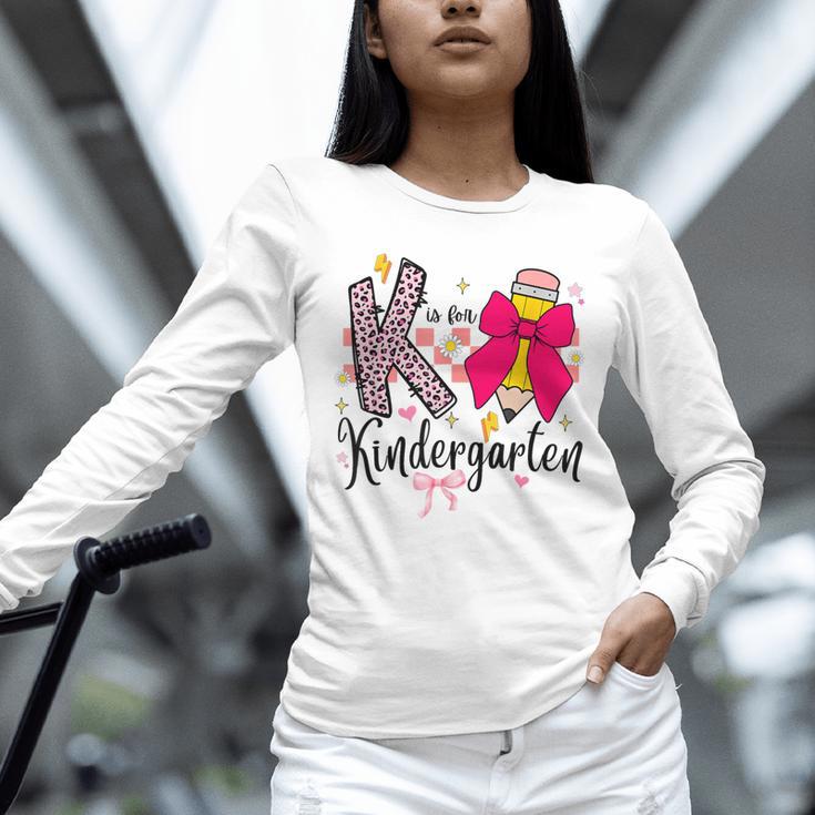 K Is For Kindergarten Teacher Coquette Bow Back To School Unisex Long Sleeve T-Shirt, novelty gifts, funny gifts K Is For Kindergarten Teacher Coquette Bow Back To School Unisex Long Sleeve T-Shirt, novelty gifts, funny gifts