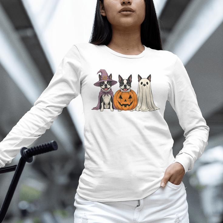 Spooky Ghost Boston Terrier Pumpkin Halloween Dog Lover Unisex Long Sleeve T-Shirt, novelty gifts, funny gifts