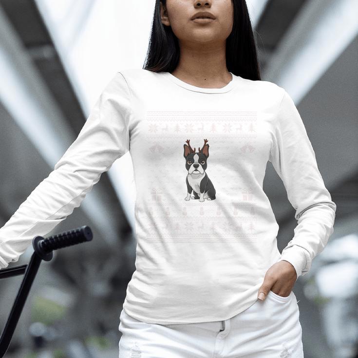 Ugly Xmas Sweater Style Boston Terrier Reindeer Christmas Unisex Long Sleeve T-Shirt, novelty gifts, funny gifts