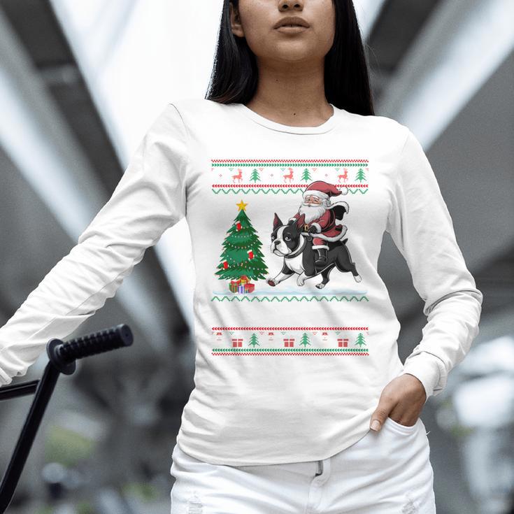 Xmas Tree Lighting Santa Riding Boston Terrier Christmas Unisex Long Sleeve T-Shirt, novelty gifts, funny gifts