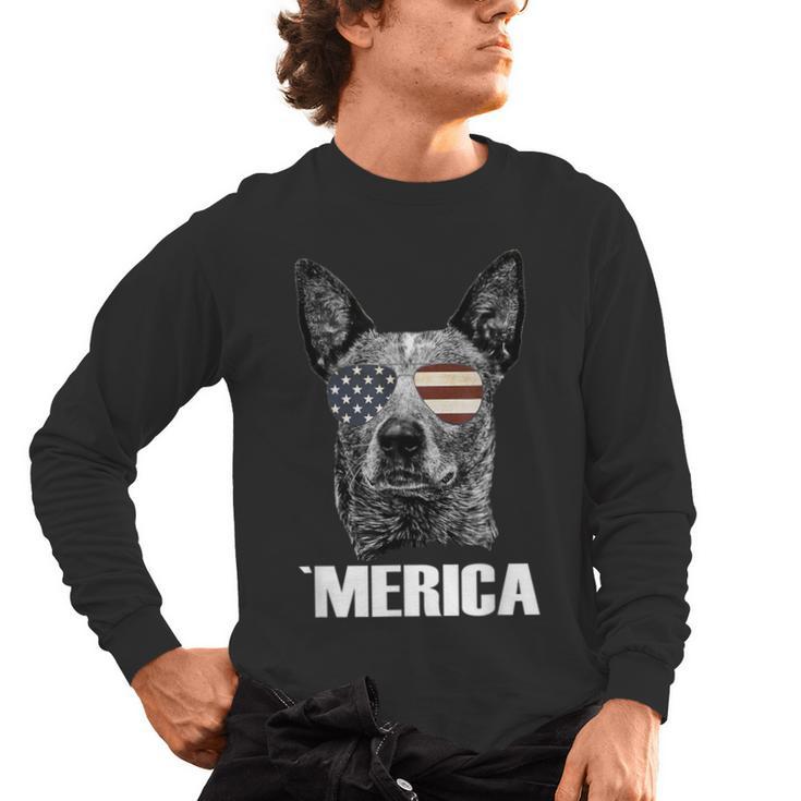 4th July Blue Heeler Dog Merica Patriotic USA Flag Cute Men's Long Sleeve T-Shirt