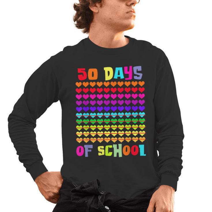 50 Days Of School Hearts Teacher Happy 50th Day Of School Men's Long Sleeve T-Shirt