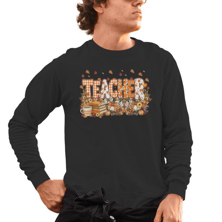 Autumn Pumpkin Thanksgiving Coffee Floral Teacher Fall Men's Long Sleeve T-Shirt