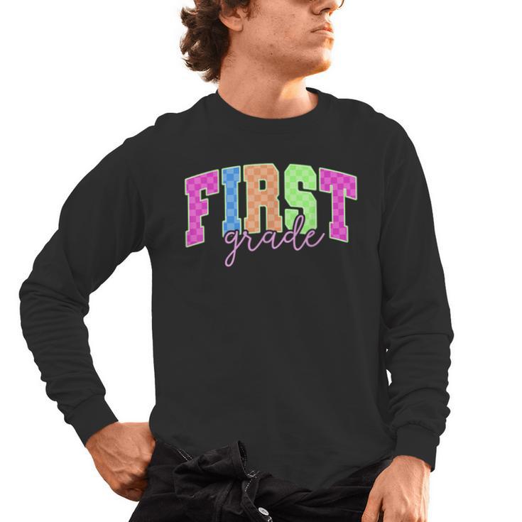 Back To School Neon Checkered First Grade Colorful Teacher Men's Long Sleeve T-Shirt
