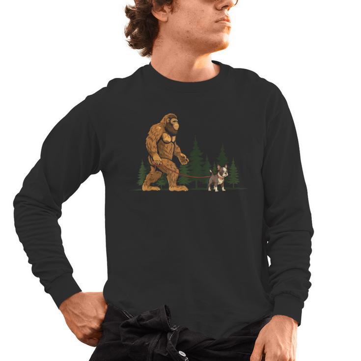 Boston Terrier Bigfoot Dog Walking Dog Mom Dad Kids Men's Long Sleeve T-Shirt