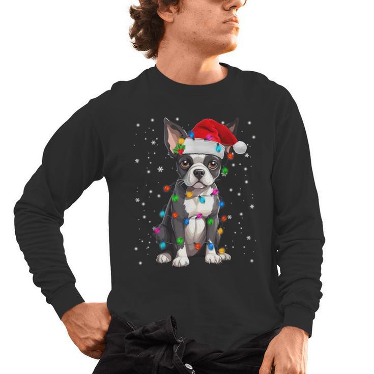 Boston Terrier Christmas Santa Hat Tree Lights Pajama Men's Long Sleeve T-Shirt