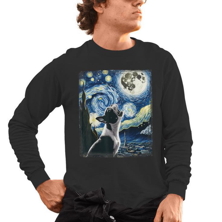 Boston Terrier Dog Art Van Gogh Starry Night Boston Terrier Men's Long Sleeve T-Shirt