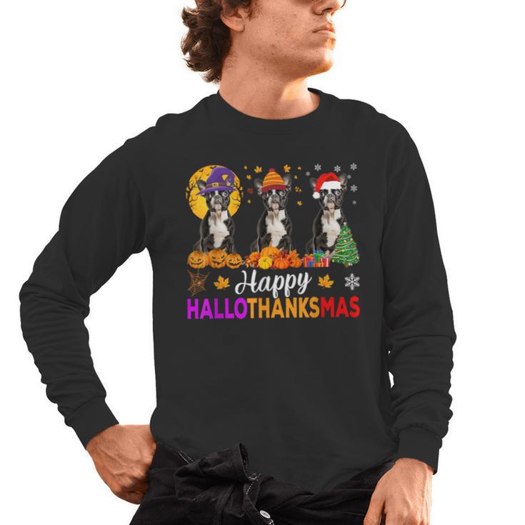Boston Terrier Dog Halloween Christmas Hallothanksmas Men Women Kids Men's Long Sleeve T-Shirt