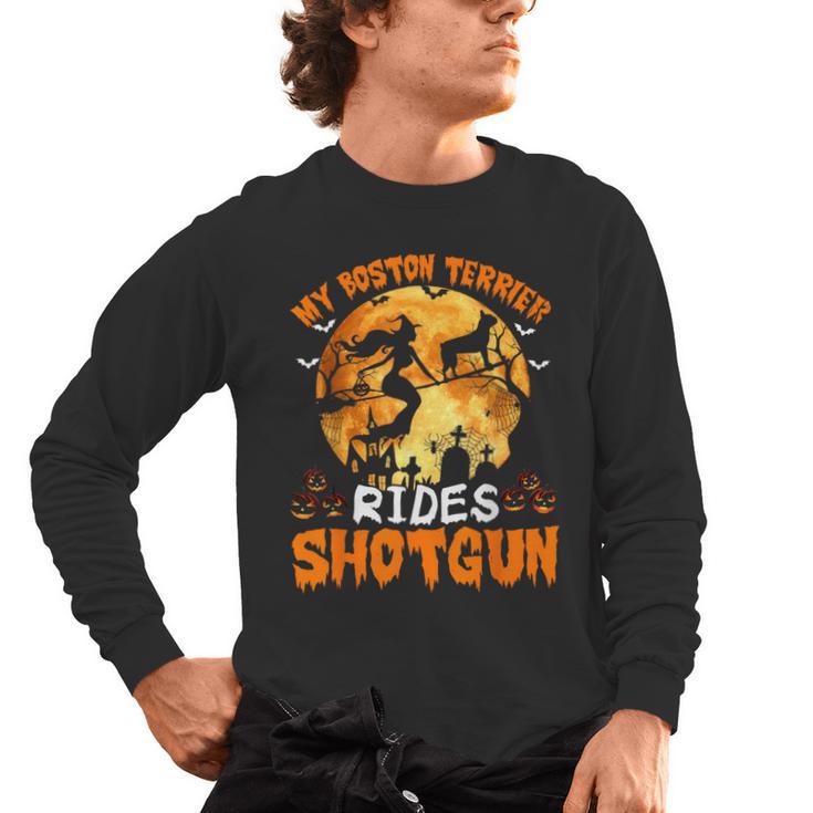 My Boston Terrier Dog Rides Shotgun Witch Halloween Men Women Men's Long Sleeve T-Shirt