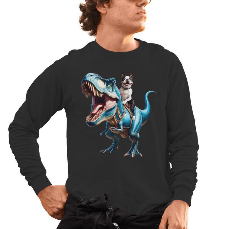 Boston Terrier Riding T-Rex Dinosaur Dog Lover Men's Long Sleeve T-Shirt