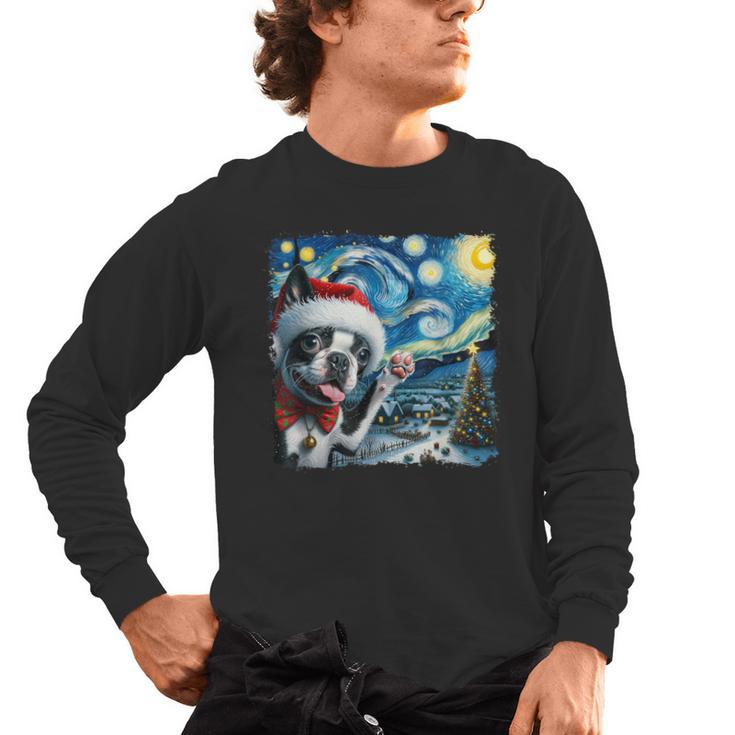 Boston Terrier Santa Starry Night Van Gogh Christmas Dog Men Women Kids Men's Long Sleeve T-Shirt