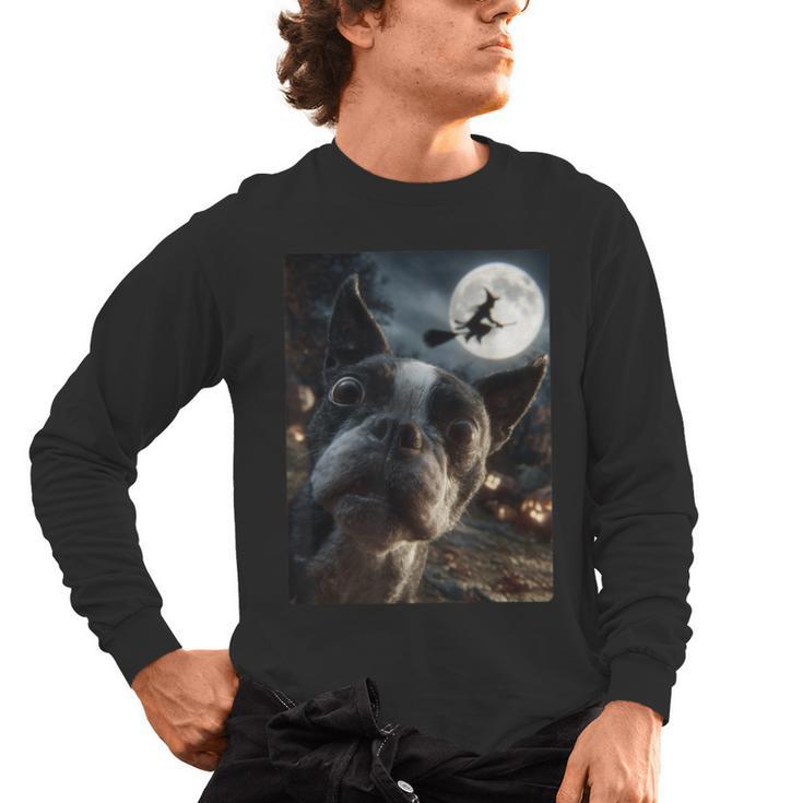 Boston Terrier Selfie Full Moon Flying Witch Halloween Dog Men's Long Sleeve T-Shirt