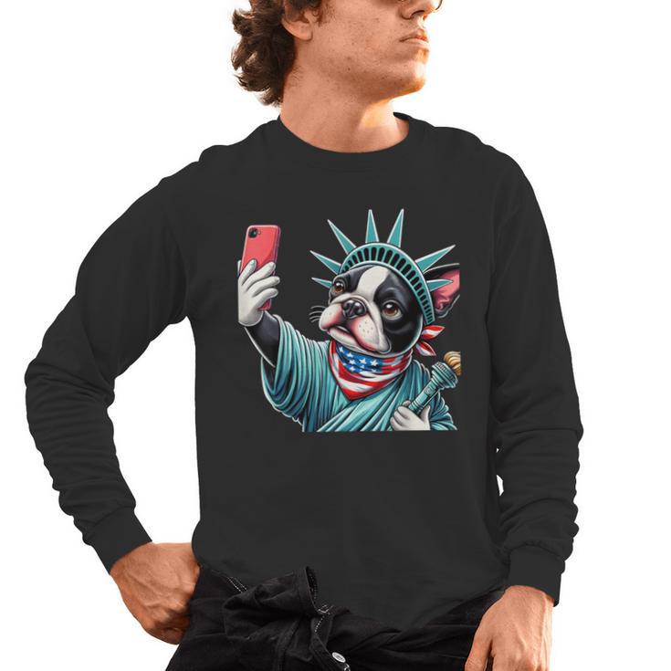 Boston Terrier Selfie Statue Of Liberty 4th Of July American Men's Long Sleeve T-Shirt