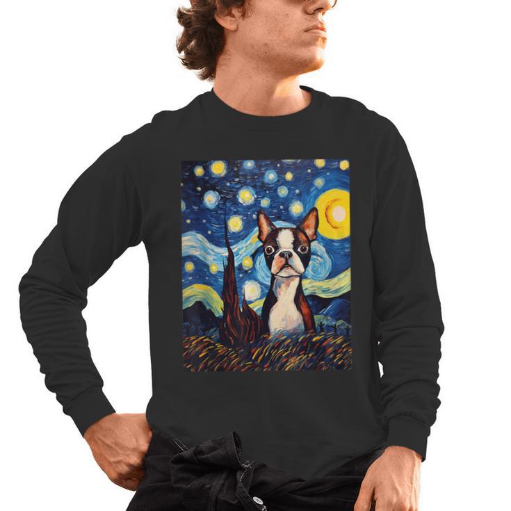 Boston Terrier Starry Night Van Gogh Art Men's Long Sleeve T-Shirt
