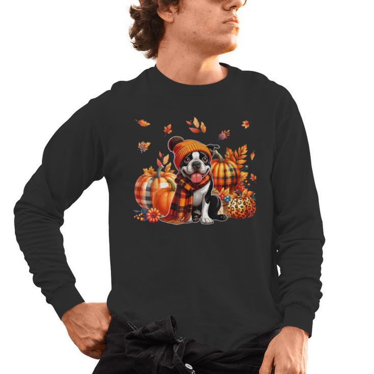 Boston Terrier Thanksgiving Leopard Pumpkins Fall Leaves Men's Long Sleeve T-Shirt