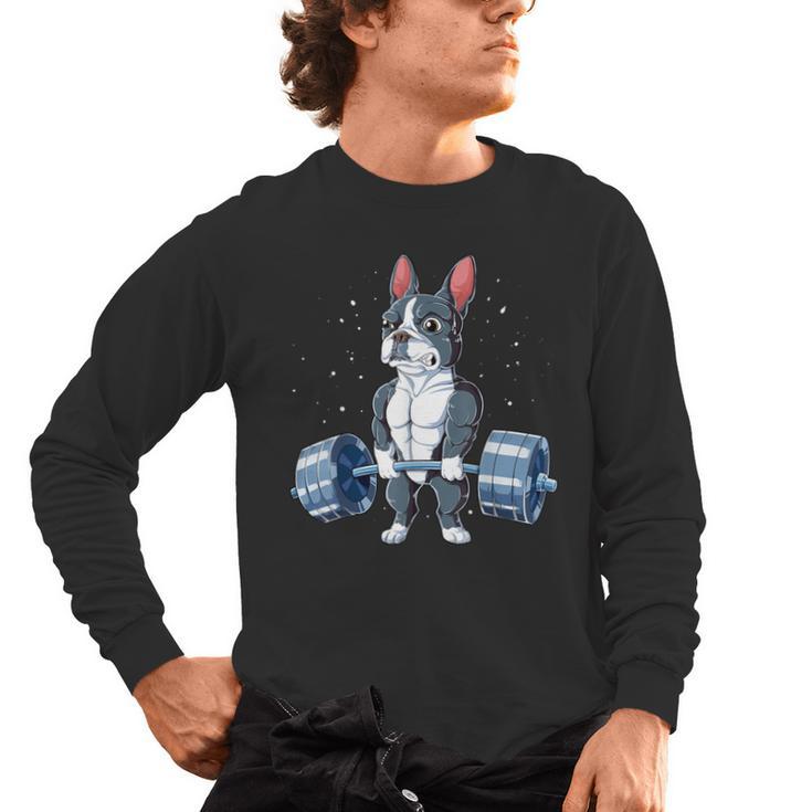 Boston Terrier Weightlifting Deadlift Men Fitness Gym Men's Long Sleeve T-Shirt