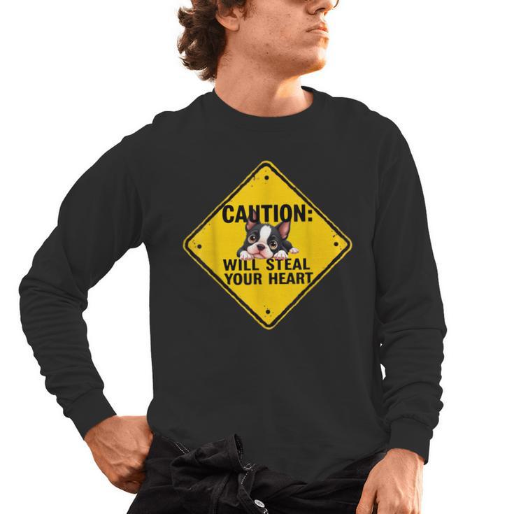 Caution Sign Boston Terrier Dog  Bostie Puppy Men's Long Sleeve T-Shirt