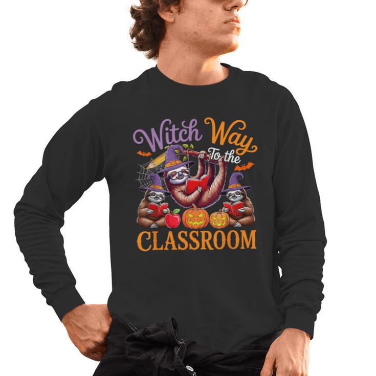 Way To Classroom Halloween Witch Three Cute Sloths Teacher Men's Long Sleeve T-Shirt, trending gift Way To Classroom Halloween Witch Three Cute Sloths Teacher Men's Long Sleeve T-Shirt, trending gift