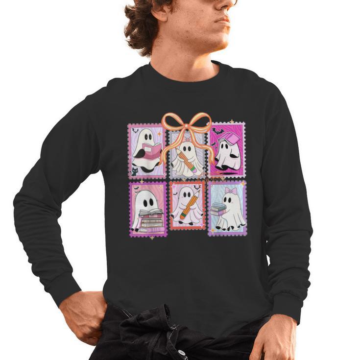 Coquette Bow Spooky Teacher Ghost Halloween Trick Or Teach Men's Long Sleeve T-Shirt