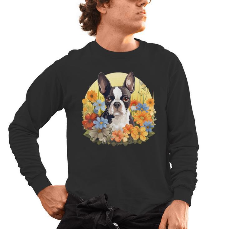 Cute Boston Terrier Spring Flower Garden Colorful Puppy Dog Men's Long Sleeve T-Shirt