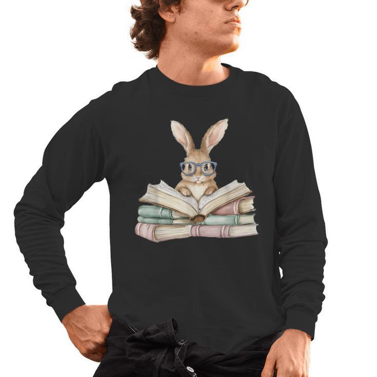 Cute Reading Bunny Glasses Books Bookworm Reader Teacher Men's Long Sleeve T-Shirt