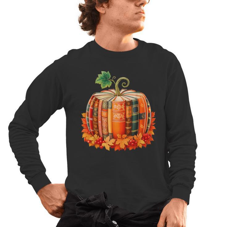 Fall Book Autumn Reading Teacher Halloween Pumpkin Season Men's Long Sleeve T-Shirt