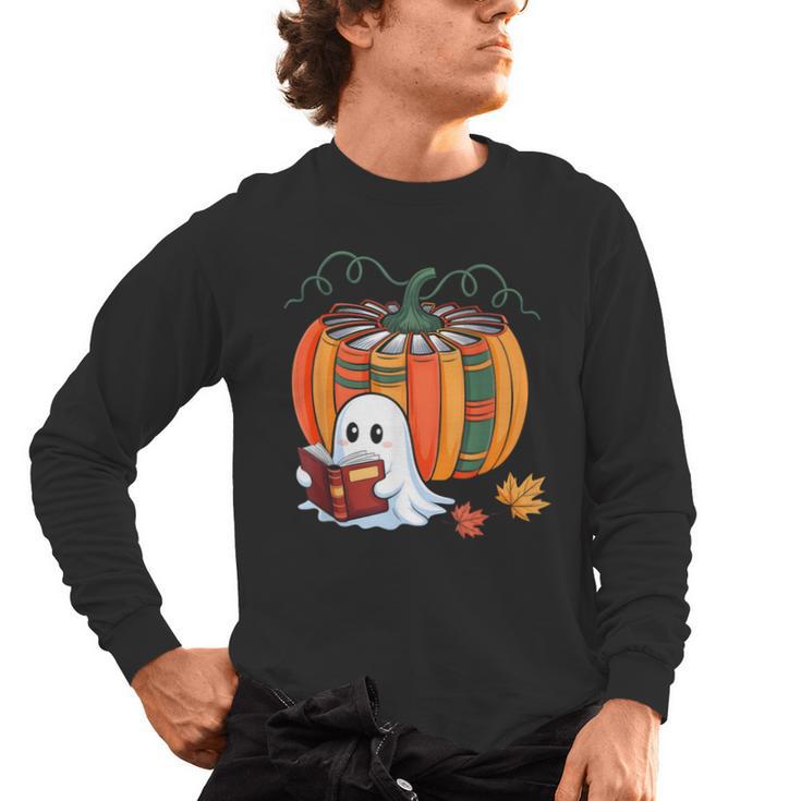 Fall Book Pumpkin Ghost Reading Books Halloween Teacher Men's Long Sleeve T-Shirt