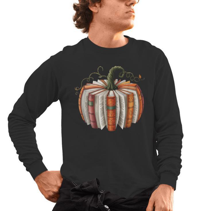 Fall Book Pumpkin Retro Reading Halloween Teacher Librarian Men's Long Sleeve T-Shirt