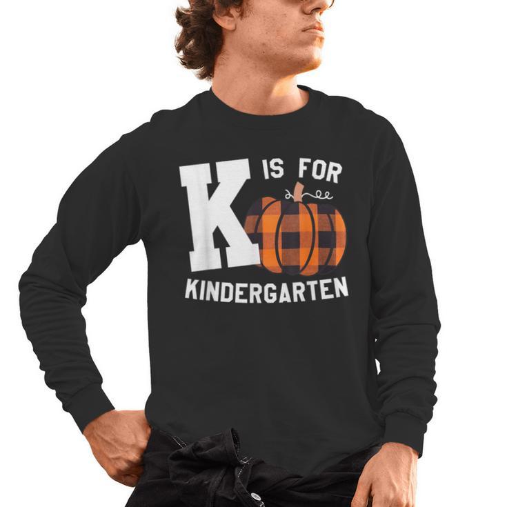 Fall Kindergarten Teacher K Is For Buffalo Plaid Pumpkin Men's Long Sleeve T-Shirt