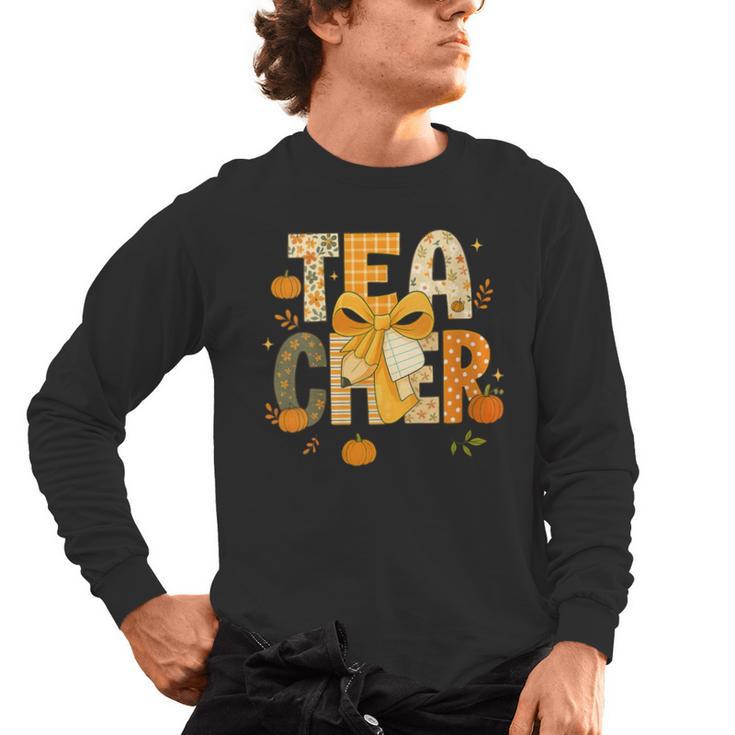 Fall Teacher Pumpkin Coquette Bow Autumn Classroom Men's Long Sleeve T-Shirt