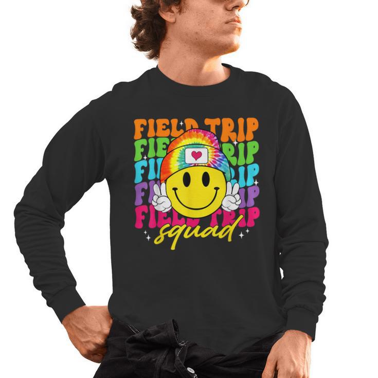 Field Trip Squad Groovy Field Day Smile Face Teacher Tie Dye Men's Long Sleeve T-Shirt
