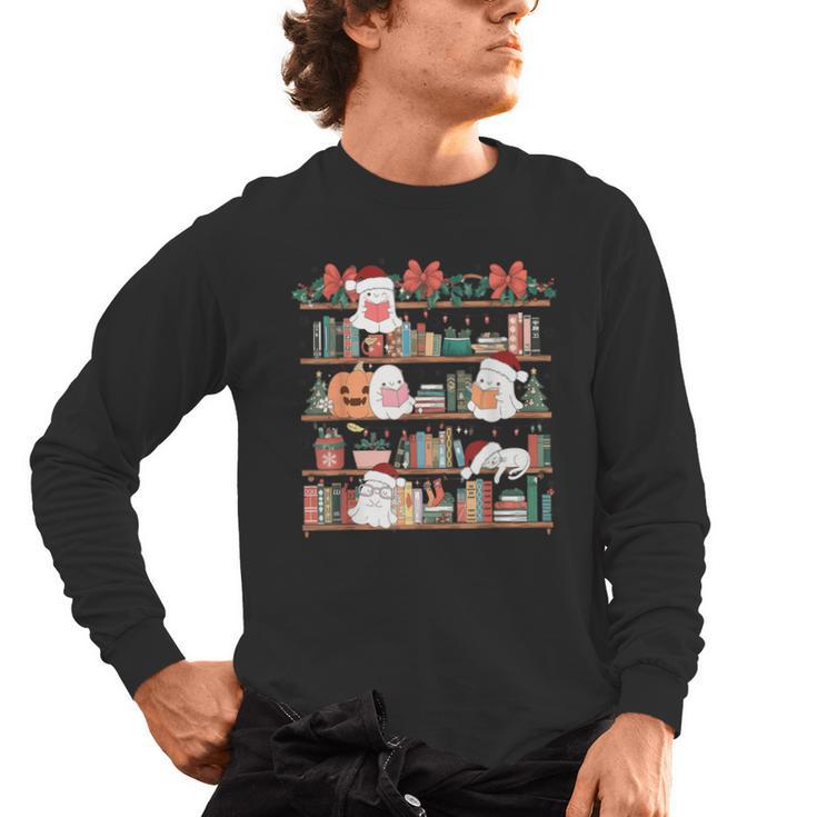 Ghost Christmas Reading Book Lover Library Christmas Teacher Men's Long Sleeve T-Shirt