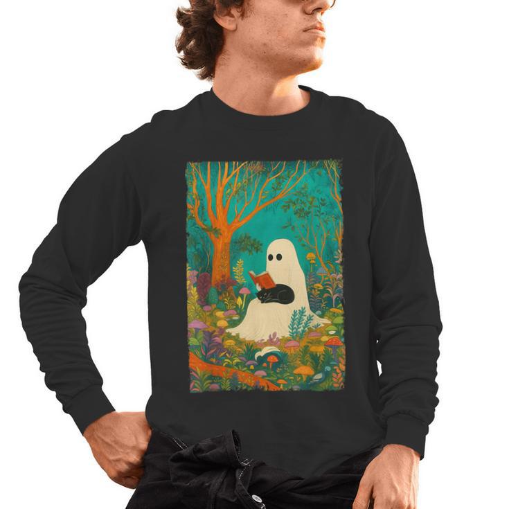 Groovy Ghost Reading Book Cat Halloween Ghost Teacher Men's Long Sleeve T-Shirt