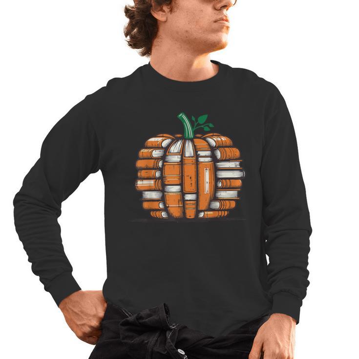 Halloween Books Pumpkin Reading Teacher Fall Men Women Men's Long Sleeve T-Shirt