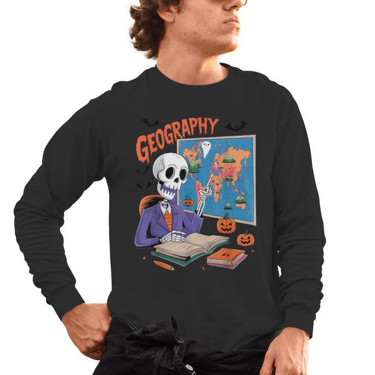 Halloween Skeleton Geography Teacher Pumpkin Bats Classroom Men's Long Sleeve T-Shirt