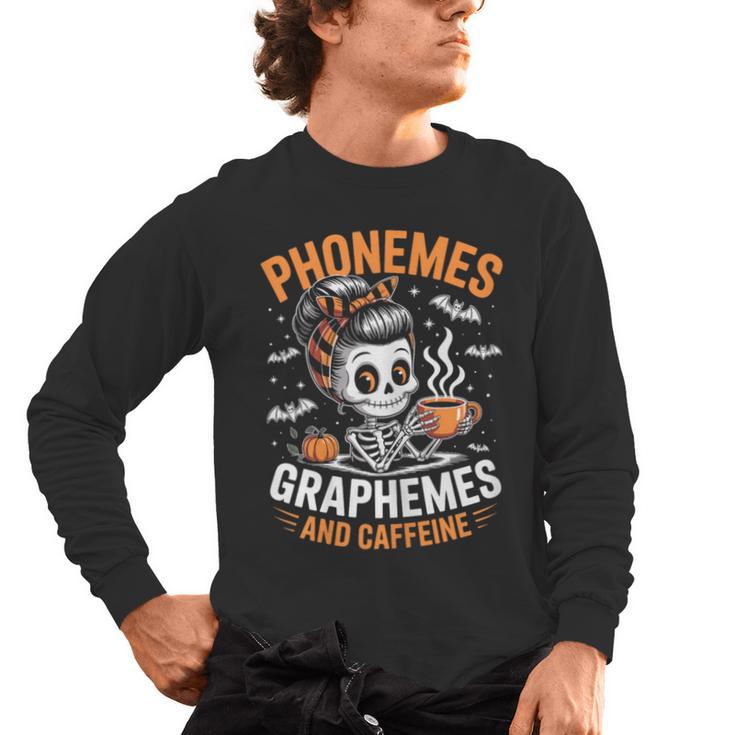 Halloween Skeleton Teacher Phonemes Graphemes Caffeine Lover Men's Long Sleeve T-Shirt