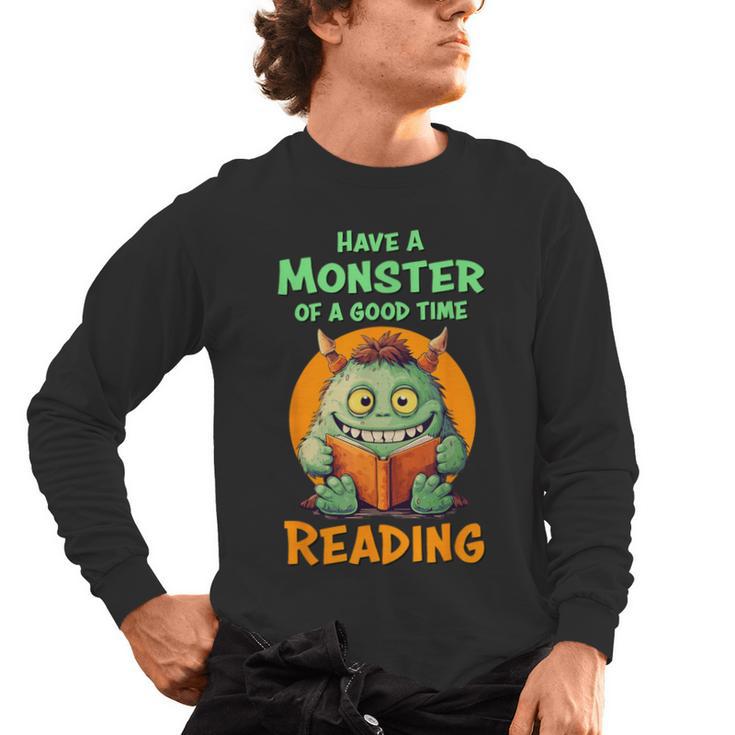 Halloween Teacher Librarian Monster Reading Books Men Women Kids Men's Long Sleeve T-Shirt