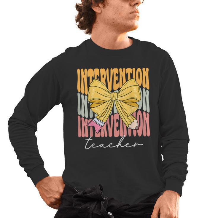 Interventionist Teacher Groovy Coquette Bow Back To School Men's Long Sleeve T-Shirt