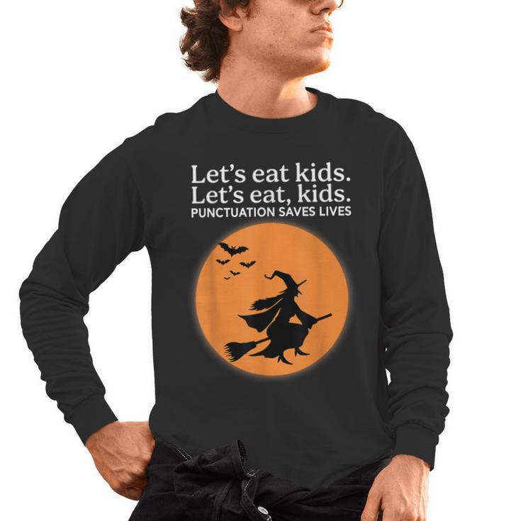 Let's Eat Kids Punctuation Saves Live Witch Grammar Teacher Men's Long Sleeve T-Shirt
