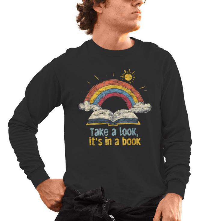 Take a Look It's In a Book Vintage Reading Teacher Rainbow Men's Long Sleeve T-Shirt