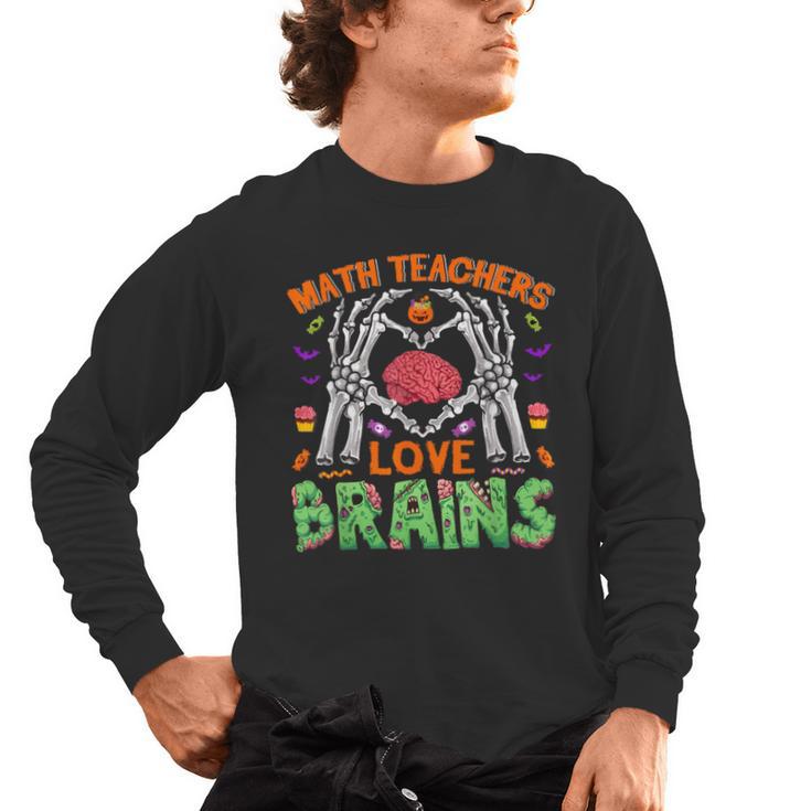 Math Teacher Love Brain Heart Skeleton Hand Zombie Halloween Men's Long Sleeve T-Shirt