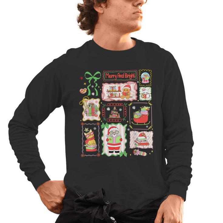 Merry And Bright Christmas Gingerbread Santa Book Teacher Men's Long Sleeve T-Shirt